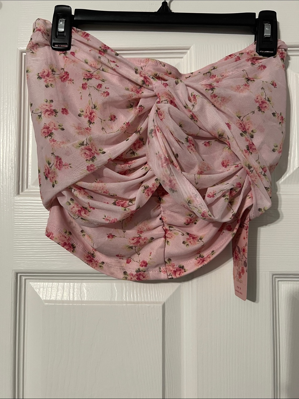 SHEIN Pink Floral Ruched Bandeau Crop Top